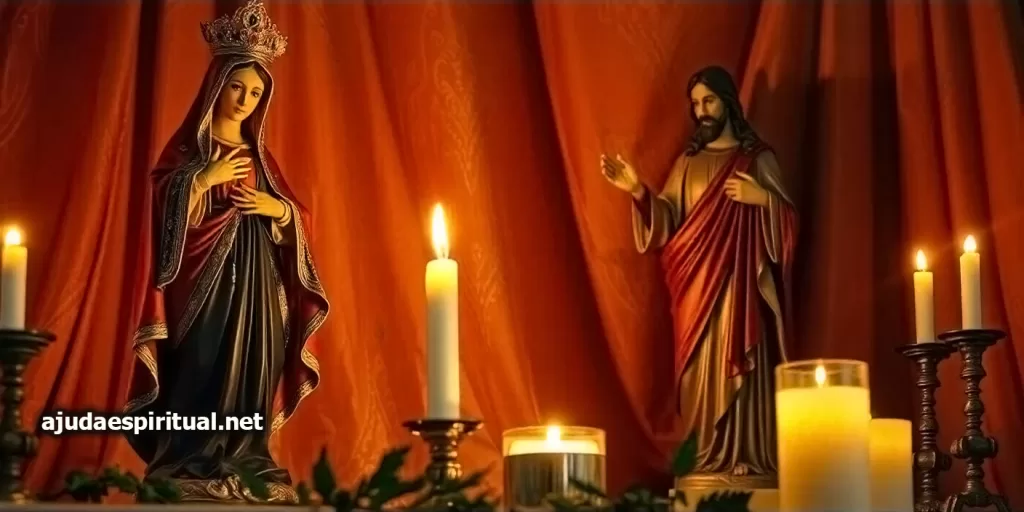 Exemplo de altar com imagem de Nossa Senhora, Jesus e velas brancas acessas