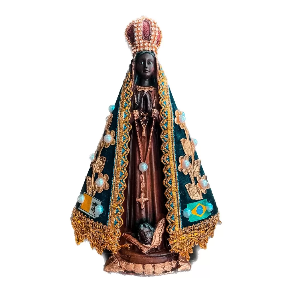 Imagem de Nossa Senhora Aparecida de Gesso com Acabamento em Resina e Manto Decorado com Pérolas - 20cm